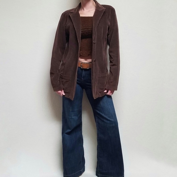 Vintage 90s SJB Brown Corduroy Long Hem Notched Collar Plunging Neckline Blazer - Picture 2 of 12